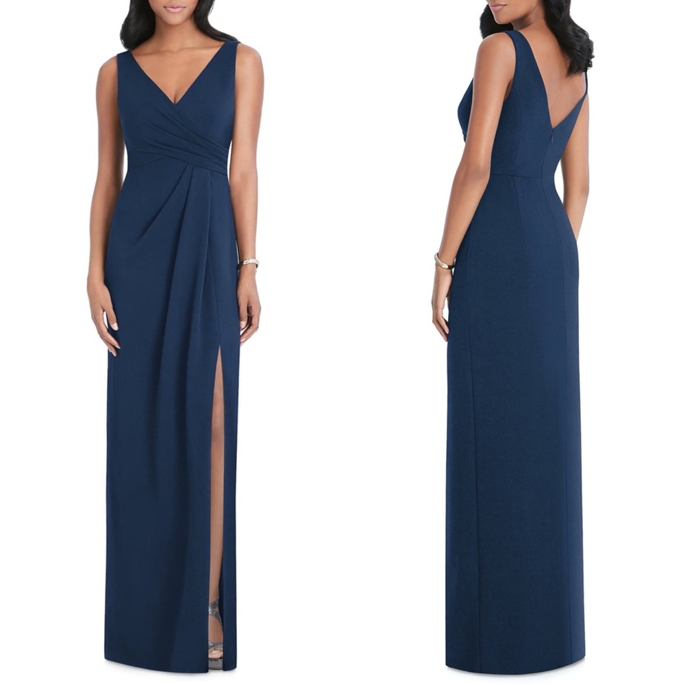 NEW 6799 AFTER SIX Navy SURPLICE V-Neck PLEATED Crepe COLUMN BRIDESMAID GOWN S